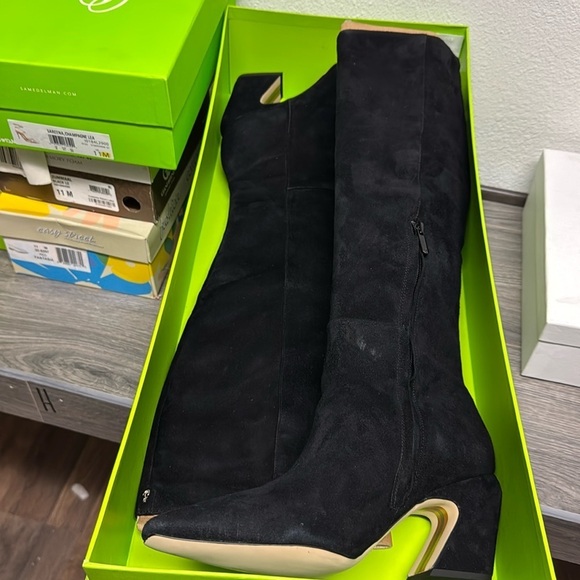 SAM EDELMAN Sulema Knee High Suede Heel Boot Black Leather Zipper Closure - Picture 2 of 7